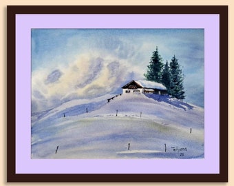 Snowy Hill Watercolor Painting: Winter Landscape Art, 9x12 in