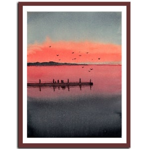 Pier, Sunset Original Watercolor Artwork, Minimalism, Seascape, Sunset, Gift, Wall Decor