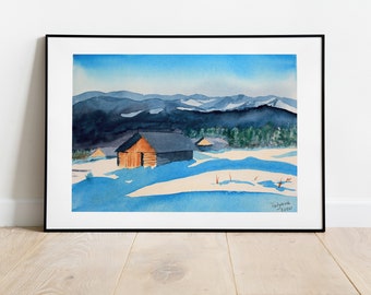 雪山の頂上 オリジナル水彩画 冬の風景 手描きの雪山 手描きの水彩画