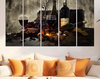 Kitchen Theme Wall Decoration Set, Red Wine Wall Art Decor Picture, Dining Room Vintage Canvas Print, Grapes Italy Retro Modular Pictures