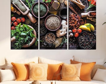 Spices and Herbs Wall Art, Rustic Wood Kitchen, Table Canvas Print, Farmhouse Kitchen Wall Modern Design, Home Decor, Ready Framed Canvas