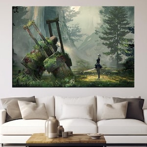 Mystical Forest Decor, NieR Automata Robot Ruins Canvas Art, YoRHa Anime Girl in Nature, Sci-Fi Landscape Canvas, Fantasy Wall Art