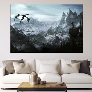 Fantasy Dragon Canvas, Epic Mountain View, Skyrim Inspired Wall Art, Warrior and Dragon, Nordic Fantasy Canvas, Gamer Room Decor