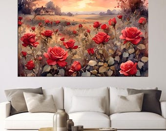 Red Rose Field, Canvas Wall Art, Country Roses Landscape, Wall Decor Canvas, Romantic Floral Sunset, Modular Print