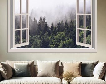 Open Window Wall Mural, Foggy Pine Forest Poster, 3D Window Forest Decor, Forest Window View Wall Art, Misty Forest Canvas Print