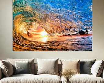 Sun Shining Big Wave Canvas Print Art, Great Sea Wave Wall Art, Surf Poster Print Decor, Minimalist Nature Scene, Ocean Photography