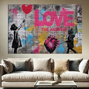 Love Street Art Canvas Print, Banksy Style Graffiti Wall Decor, Urban Love Graffiti Painting, Modern Street Art, Romantic Graffiti Wall Art