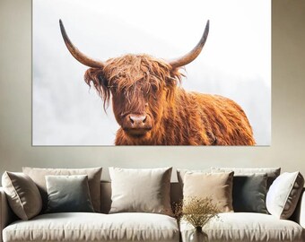 Highland Cow Wall Art Design, Animal Print on Canvas, Farmhouse Modern Wall Art Canvas, Texas Longhorns Stretched Framed Prints