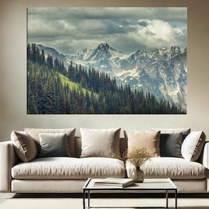 Mountain View Canvas, Nature Wall Art, Pine Forest Wall Print, Rustic Home Decor, Snowy Peaks Canvas, Mountain Landscape Art