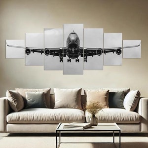 Airplane Canvas Print Poster, Plane Boeing Wall Art, Black and White Vintage Scenic Photography, Aviation Transportation Travel Decor