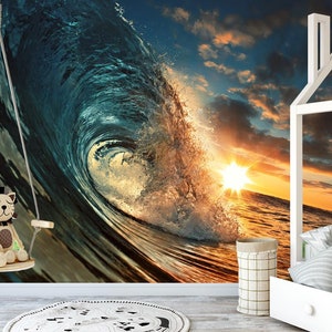 Ocean Waves Peel and Stick Tapete, Blauer Hintergrund Modernes Wandbild, Abstrakte Meereswellen Tapete, Trendy Raumdekor