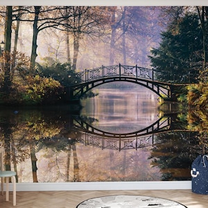 Carta da parati fotografica, parco autunnale per il fiume Wall Bridge, murales, carta da parati in vinile marrone verde crema, carta da parati in tessuto non tessuto con albero della foresta