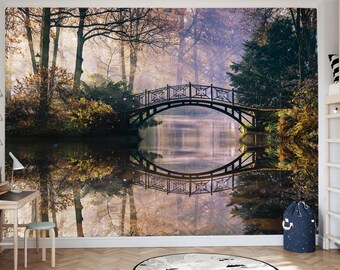 Photo Wallpaper, Autumn Park for the Wall Bridge River, Wall Murals, Brown Green Cream Park Vinyl Wallpaper, Non-Woven Wallpaper Forest Tree