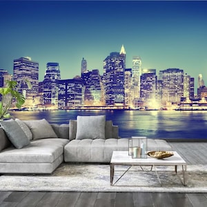 New York City Panorama Wallpaper, Night Cityscape Peel and Stick Self Adhesive Wallpaper, City Wall Mural, Skyline at Night