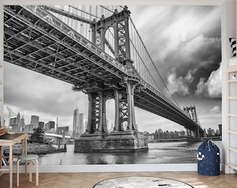 Manhattan Bridge Black and White Wallpaper Mural, New York City Wall Art, Removable Peel and Stick Decor