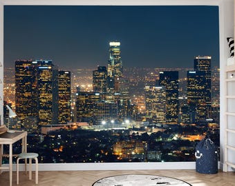 Downtown Los Angeles Wallpapers, Wall Murals, Night Cityscape Vinyl Wallpaper, Non-Woven Wallpaper, Peel and Stick Wallpaper Self Adhesive