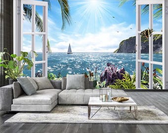 3D Window Effect View Wall Decal Removable Vinyl Art wallpaper, Fantasy Ocean Sea Palm Nursery Wall Decor, Scenic Beach Wall Mural