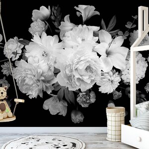 Gartenblumen Blätter schälen und aufkleben, Pfingstrosen, Rosen, Tulpen, moderne Kunst, botanisches Tapetendesign selbstklebend