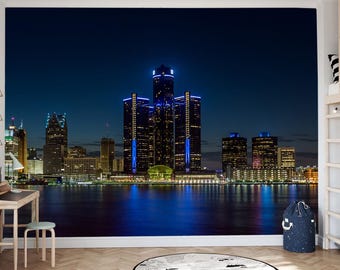 Detroit Skyline Night Wall Mural, City Lights Vinyl Wallpaper, Modern Skyscraper Peel and Stick Mural, Blue Urban Skyline View Wall Art