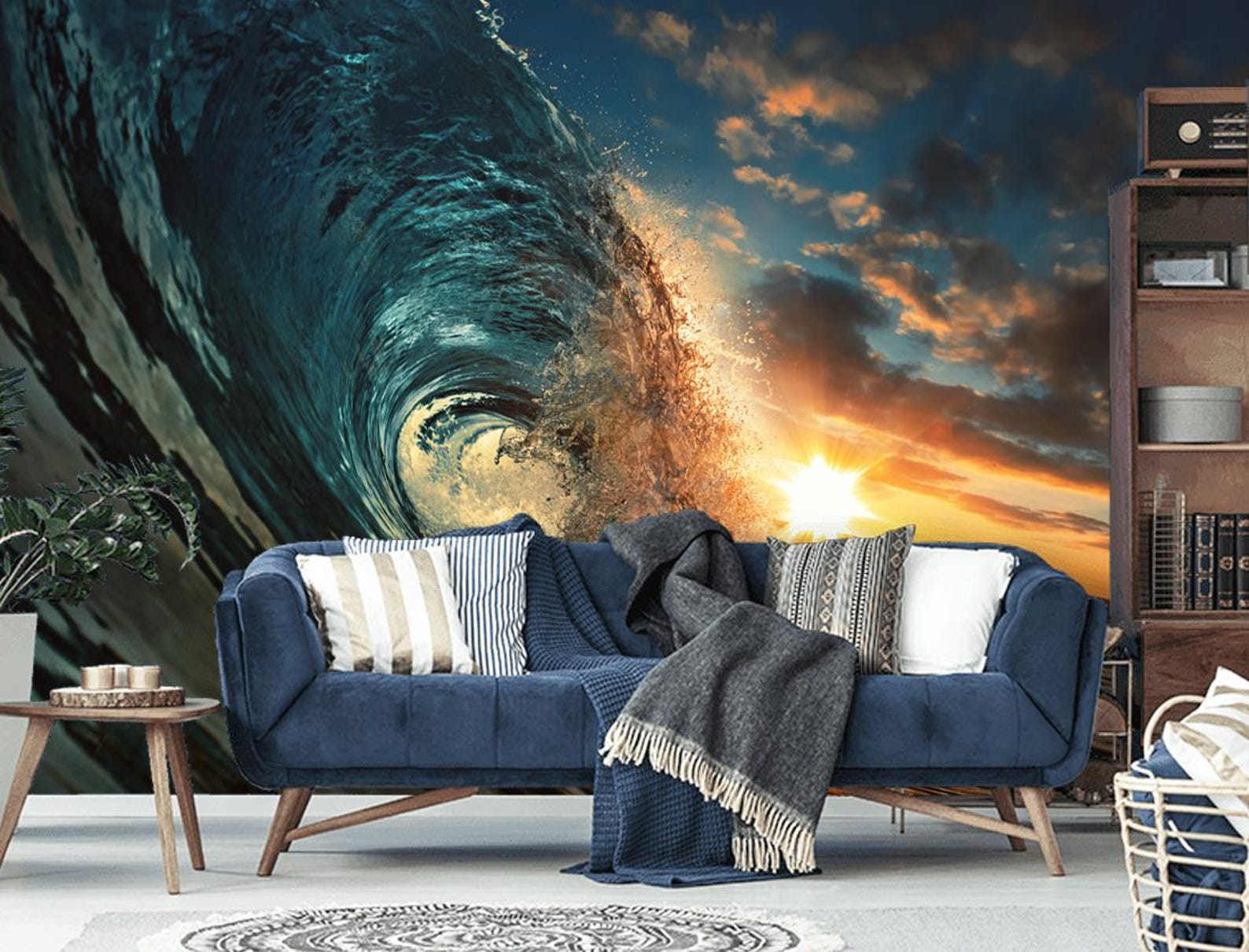 Ocean Waves Peel and Stick Wallpaper, Blue Background Modern Wall Mural ...