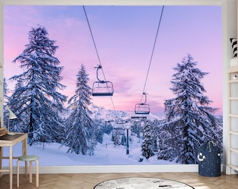 Ski Lift Peel and stick wallpaper, Cable Car way to snowy mountains Wall Mural, Winter landscape mural print