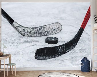 Hockey Peel and Stick Wallpaper Mural Wall Art, Puck During the Game Wallpaper Design, Athlete Theme Removable Self Adhesive Wallpaper