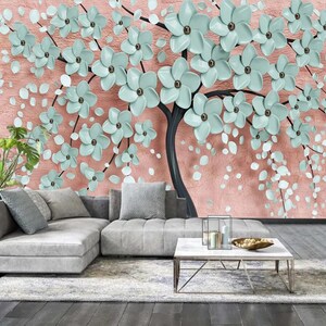 Blühende frische Minzgrün-rosa Baumschalen- und -stick-Tapete, entfernbarer riesiger Baum, Kinderzimmer-Kunst, botanische Kunst