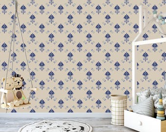 Abstract dark blue grey ethnic motif non-woven wallpaper, Removable peel and stick wall mural, Abstract blue wallpaper home decor
