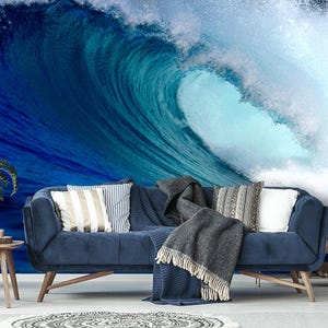 Große Ozeanwelle Tapete, Welle während des Sturms modernes Wandbild, selbstklebendes Peel & Stick Fotowandbild, Surfwelle-Wanddekor