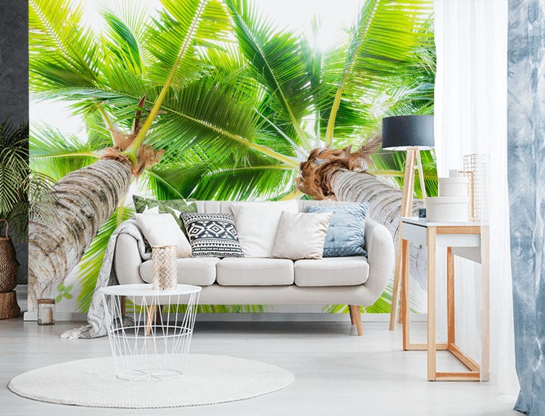 Sun Shining Tropical Palm Tree Peel and Stick Wallpaper, Modern Leaves
