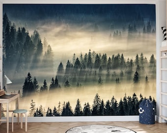 Foggy Forest Wall Mural, Misty Woodland Wallpaper, Dark Pine Forest Wallpaper, Moody Nature Wall Art, Self Adhesive Wallpaper