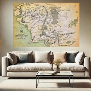 Mapa del mundo de fantasía vintage, impresión en lienzo, mapa de la Tierra Media enmarcado, decoración de pared, lienzo estirado, obra de arte contemporánea