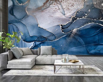 Luxury Fluid Art Wallpaper, Vinyl or Non-Woven, Alcohol Ink Wall Mural, Navy and Gold Art Print, Peel and Stick Mural