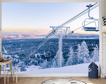 Mountain Ski Resort Peel and stick wallpaper, Ski Lift Wall Art Decor Mural , Winter Landscape Wallpaper, Cable Car way