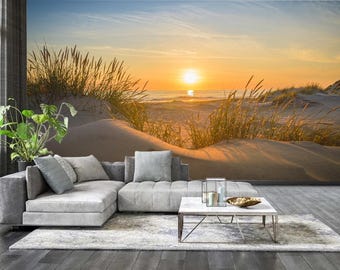 Mural de parede com dunas de areia, mural de parede com pôr do sol na praia, papel de parede com dunas costeiras, arte de parede com pôr do sol no oceano, papel de parede fotográfico não tecido com pôr do sol à beira-mar