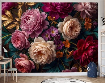 Peony Flower Wallpaper Mural, Dark Floral Decor, Self Adhesive Peel and Stick Wall Mural