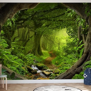 Geheimnisvolle Waldkulissen Tapete, Grüner Dschungelbaum Konzeptkunst, Tropische Waldschale und -stick entfernbare Tapete, botanische Kunst