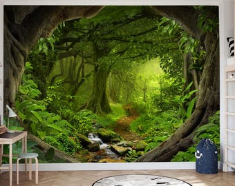Mystery forest backdrops wallpaper, Green Jungle Tree Concept art, Tropical forest Peel and Stick removable photo wallpaper, Botanical art