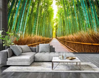 Mural de pared de bosque de bambú verde, papel pintado de camino de bambú japonés, mural extraíble de naturaleza zen, decoración autoadhesiva de bosque de bambú