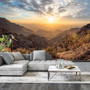 May include: A scenic wall mural depicting a desert landscape at sunset. The image features mountains, cacti, and a vibrant sky with shades of orange, yellow, and blue. The mural is installed behind a gray sectional sofa.