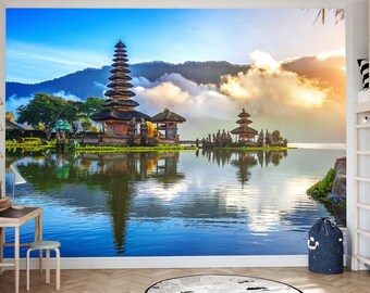 Pura Ulun Danu Bratan wall mural, Hindu temple wallpaper, Indonesian Bali Peel and Stick Adhesive Wallpaper, Non-woven wallpaper