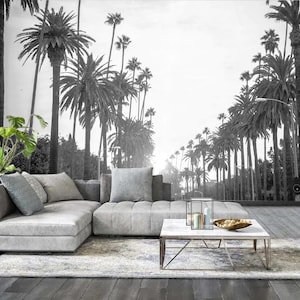 California Palm Wallpaper, Self Adhesive Wall Art, Black and White Palm Tree Wallpaper, Peel and Stick Mural, Tropical Vinyl or Non-Woven