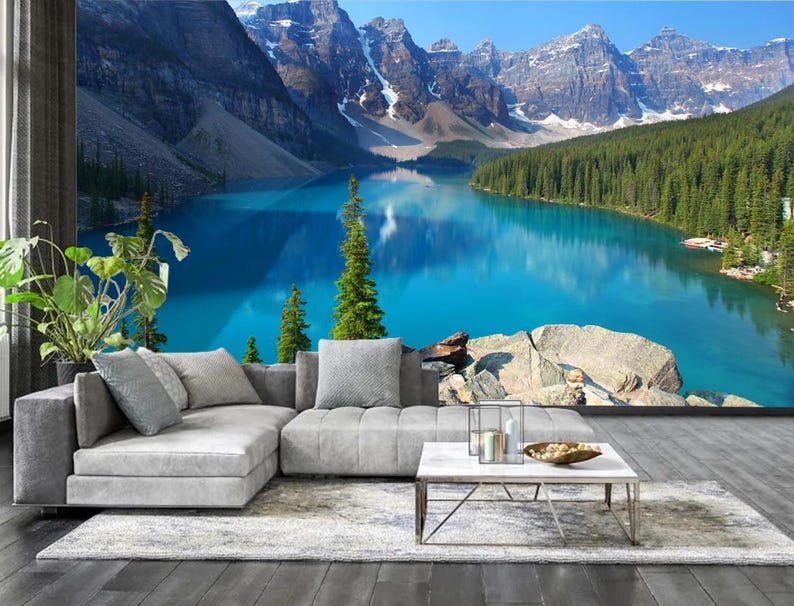 Mountain Lake Wall Mural, Nature Landscape Wallpaper, Vinyl Mural of ...