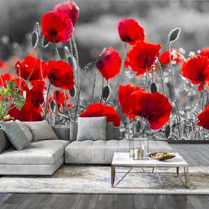 May include: A striking wallpaper featuring bright red poppy flowers against a monochrome backdrop. The poppies are depicted in full bloom. This large-format wallpaper is ideal for creating a feature wall or covering an entire room.