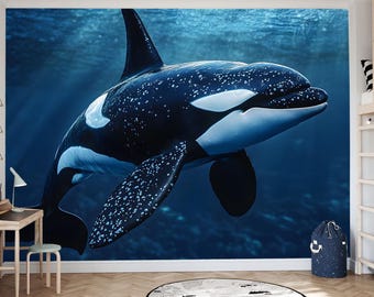 Ocean Orca Vinyl Wallpaper, Kids Room Decor, Non-Woven Ocean Design for Nursery, Self-Adhesive Whale Wall Mural, Underwater Scene