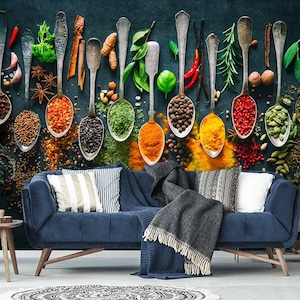 Herb and Spice Mural, Non-Woven Wallpaper for Kitchen or Dining, Colorful Spice Spoon Wall Mural, Vinyl or Peel and Stick Wallpaper