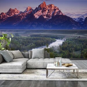 Snake River Grand Teton National Park, Wyoming Tapete, Neblige Landschaft Wandbild, Tapete zum Abziehen und Aufkleben, Natur Vinyl Aufkleber