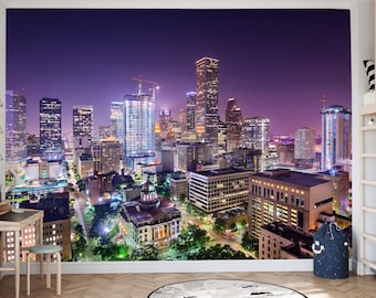 Fototapeta z panoramą miasta Houston w nocy, nowoczesna sztuka miejska, samoprzylepna tapeta winylowa