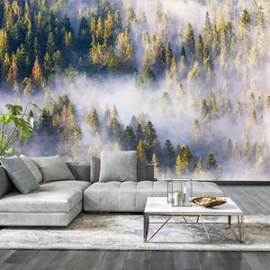 Foggy Pine Forest Wallpaper, Peel and Stick Mural, Misty Mountain Woods Wall Mural, Vinyl or Non-woven, Self-Adhesive Forest Wallpaper