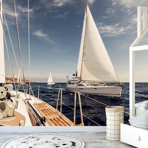 Carta da parati murale "Gita in mare su uno yacht", carta da parati con yacht a vela e oceano, fotomurale autoadesivo, decorazione per la casa in tessuto non tessuto con barca a vela